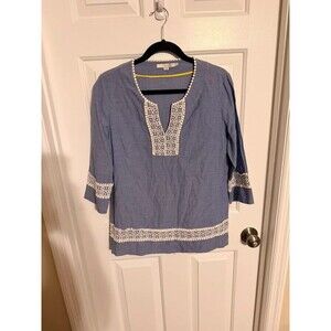 Boden Blue Chambray Linen-Blend Crochet Lace Trim Tunic Top - Size US 10R